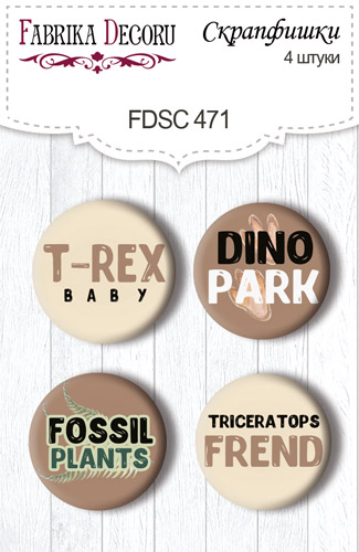 Set mit 4 Flair-Buttons zum Scrapbooking von Dinosauria EN #471 - Fabrika Decoru