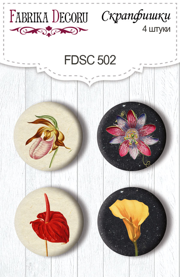 Zestaw 4 ozdobnych buttonów Botany exotic #502 - Fabrika Decoru