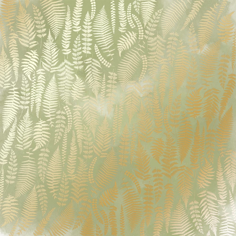 Sheet of single-sided paper with gold foil embossing, pattern Golden Fern, color Olive watercolor