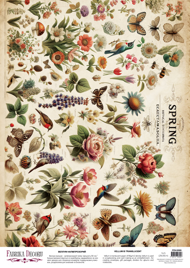 Arkusz kalki z nadrukiem, Deco Vellum, format A3 (11,7" х 16,5"), "Spring Botanical Story Kwiatowa fantazja" - Fabrika Decoru
