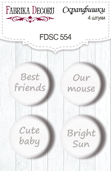 Set mit 4 Flair-Buttons zum Scrapbooking Happy Mouse Day EN #554 - Fabrika Decoru