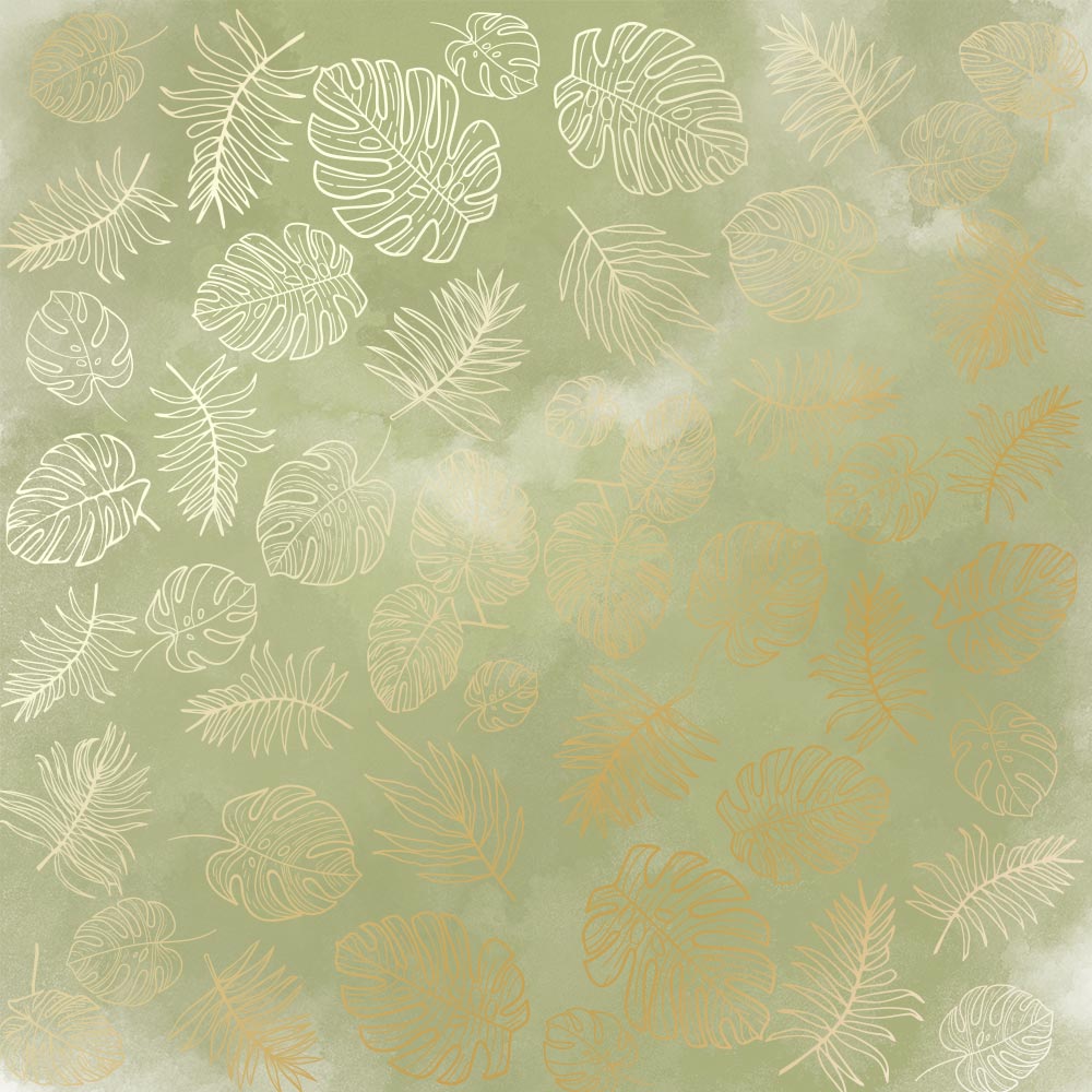 Blatt aus einseitigem Papier mit Goldfolienprägung, Muster Golden Tropical Leaves, Farbe Olive Aquarell, 12"x12" - Fabrika Decoru