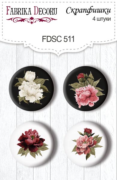 Zestaw 4 ozdobnych buttonów Peony passion #511 - Fabrika Decoru