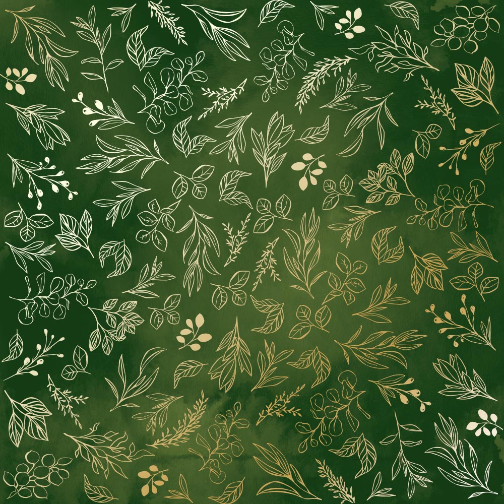 Einseitig bedruckter Papierbogen mit Goldfolienprägung, Muster "Goldene Zweige, Farbe Grün Aquarell" - Fabrika Decoru