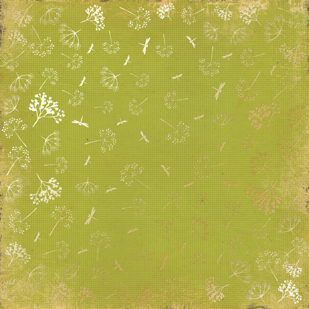 Blatt einseitig bedrucktes Papier mit Goldfolienprägung, Muster Golden Dill Botany Summer, 12"x12" - Fabrika Decoru