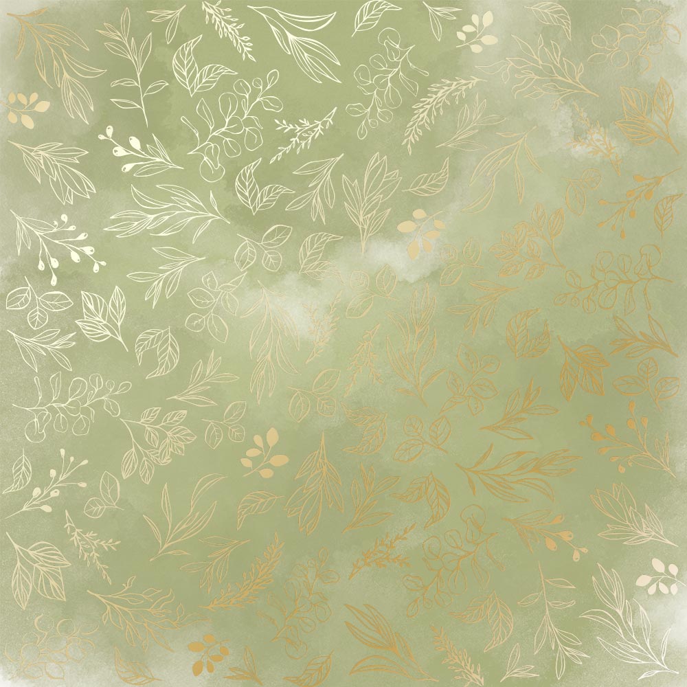 Blatt einseitiges Papier mit Goldfolienprägung, Muster Goldene Zweige, Farbe Olivaquarell, - Fabrika Decoru