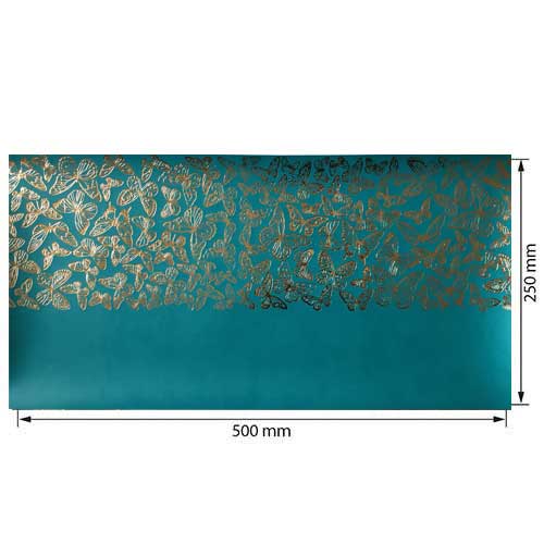 Piece of PU leather with gold stamping, pattern Golden Butterflies Turquoise, 50cm x 25cm - foto 0
