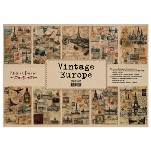 Zestaw jednostronnego kraftowego papieru do scrapbookingu Vintage Europe 42x29,7 cm, 10 arkuszy  - Fabrika Decoru