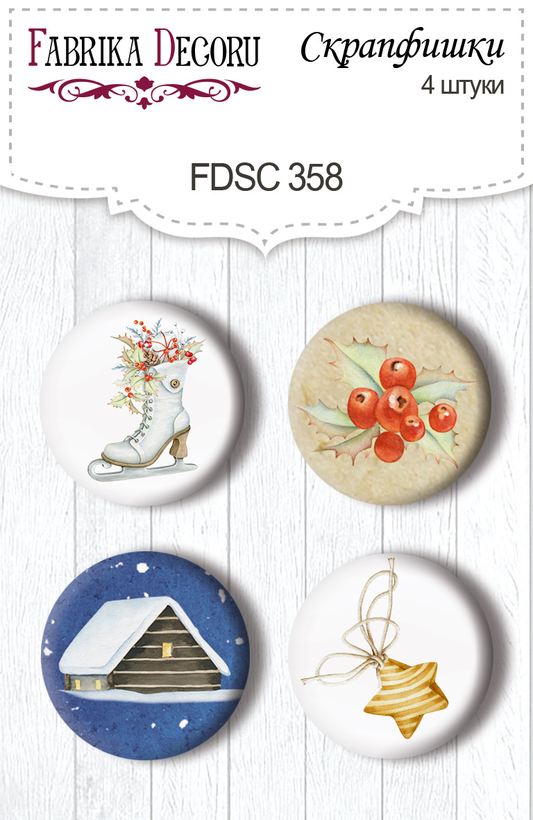 Set mit 4 Flair-Buttons zum Scrapbooking von „Awaiting Christmas 2“ #358 - Fabrika Decoru