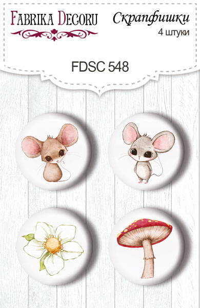 Set mit 4 Flair-Buttons zum Scrapbooking Happy Mouse Day #548 - Fabrika Decoru