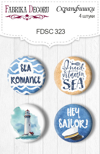 Set mit 4 Flair-Buttons für Scrapbooking „Sea Romance“ #323 - Fabrika Decoru