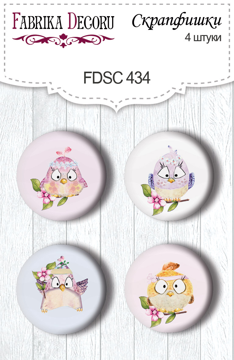 Zestaw 4 ozdobnych buttonów Cutie sparrow girl #434 - Fabrika Decoru