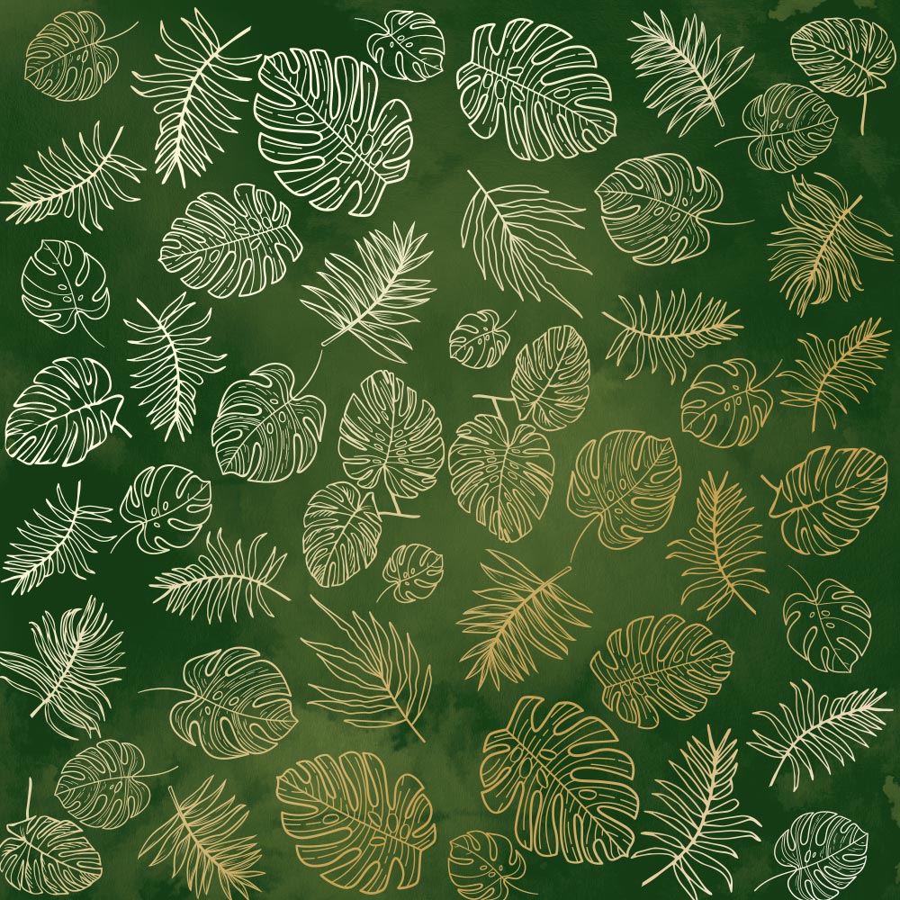 Blatt einseitig bedrucktes Papier mit Goldfolienprägung, Muster Golden Tropical Leaves, Farbe Grünes Aquarell, 30,5 x 30,5 cm - Fabrika Decoru