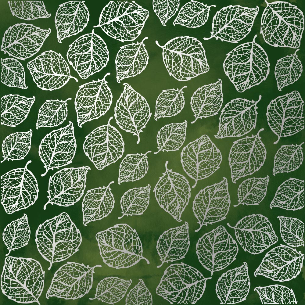 Einseitig bedrucktes Blatt Papier mit Silberfolie, Muster Silberne zarte Blätter, Farbe Dunkelgrünes Aquarell 12"x12" - Fabrika Decoru