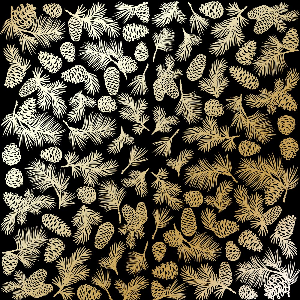 Sheet of single-sided paper with gold foil embossing, pattern "Golden Pine cones Black"