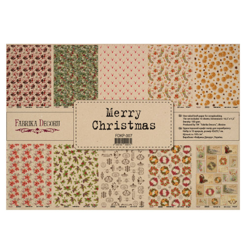 Einseitiges Kraftpapier Satz für Scrapbooking Merry Christmas, 42x29,7 cm, 10 Blatt  - Fabrika Decoru