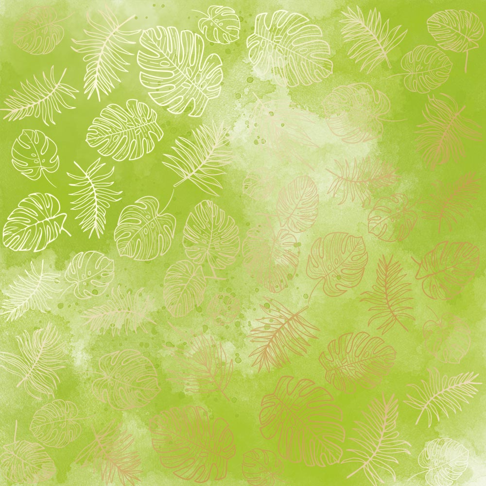 Sheet of single-sided paper with gold foil embossing, pattern Golden Tropical Leaves, color Light green watercolor, 12"x12"