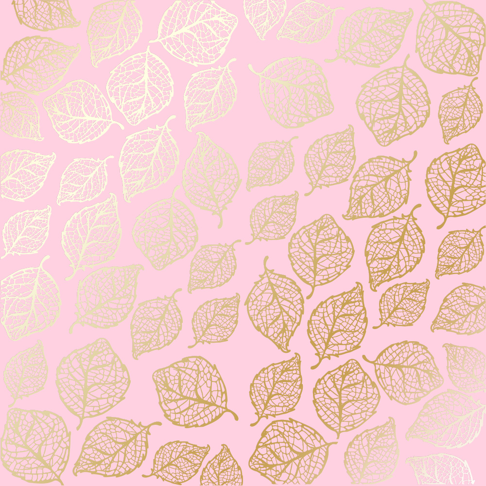 Sheet of single-sided paper with gold foil embossing, pattern Golden Delicate Leaves Pink, 12"x12"