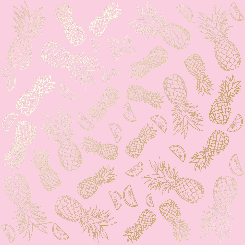 Blatt einseitiges Papier mit Goldfolienprägung, Muster Golden Ananas Pink, 12"x12" - Fabrika Decoru