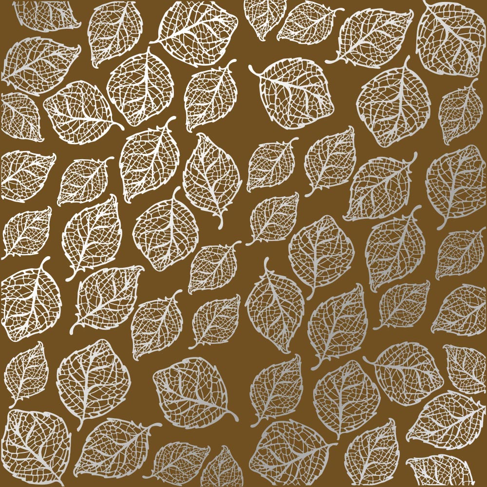 Einseitig bedrucktes Blatt Papier mit Silberfolie, Muster Silberne zarte Blätter, Farbe Milchschokolade 12"x12" - Fabrika Decoru