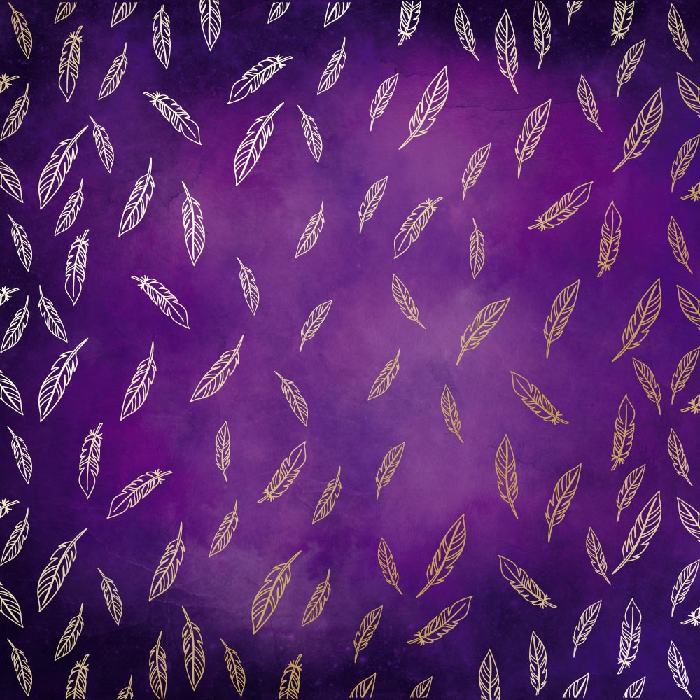 Sheet of single-sided paper with gold foil embossing, pattern Golden Feather, color Violet aquarelle, 12"x12"