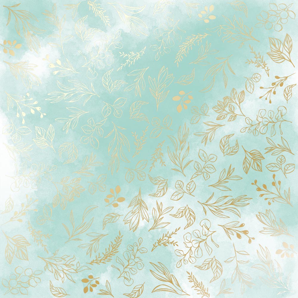 Blatt einseitiges Papier mit Goldfolienprägung, Muster Goldene Zweige, Farbe Mint-Aquarell, - Fabrika Decoru