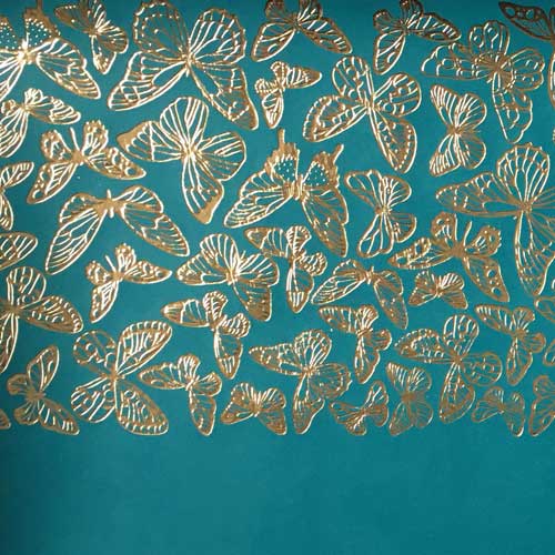 Piece of PU leather with gold stamping, pattern Golden Butterflies Turquoise, 50cm x 25cm - foto 1