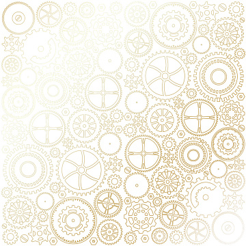 Sheet of single-sided paper with gold foil embossing, pattern Golden Gears White, 12"x12"