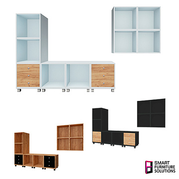 Modular Furniture System Maxi, 1600 x 400 x 1276 mm, Set: 2 cabinets, 4 sections, 4 platforms, 4 shelves