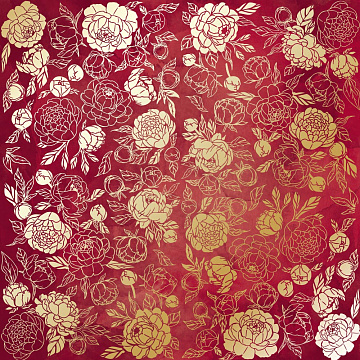 Sheet of single-sided paper with gold foil embossing, pattern "Golden Peony Passion Burgundy aquarelle"