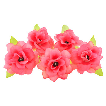 Rose flower with leaves, Coral, 1pc