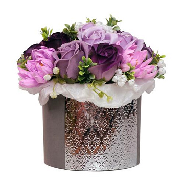 "Amethyst Luxury" composition with soap foam flowers in a hat box, 200 x 200 x 190 mm