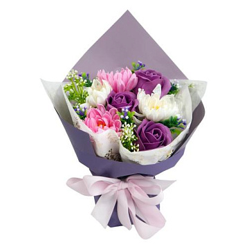 Bouquet of purple roses, white and pink chrysanthemums “Airy Kiss”